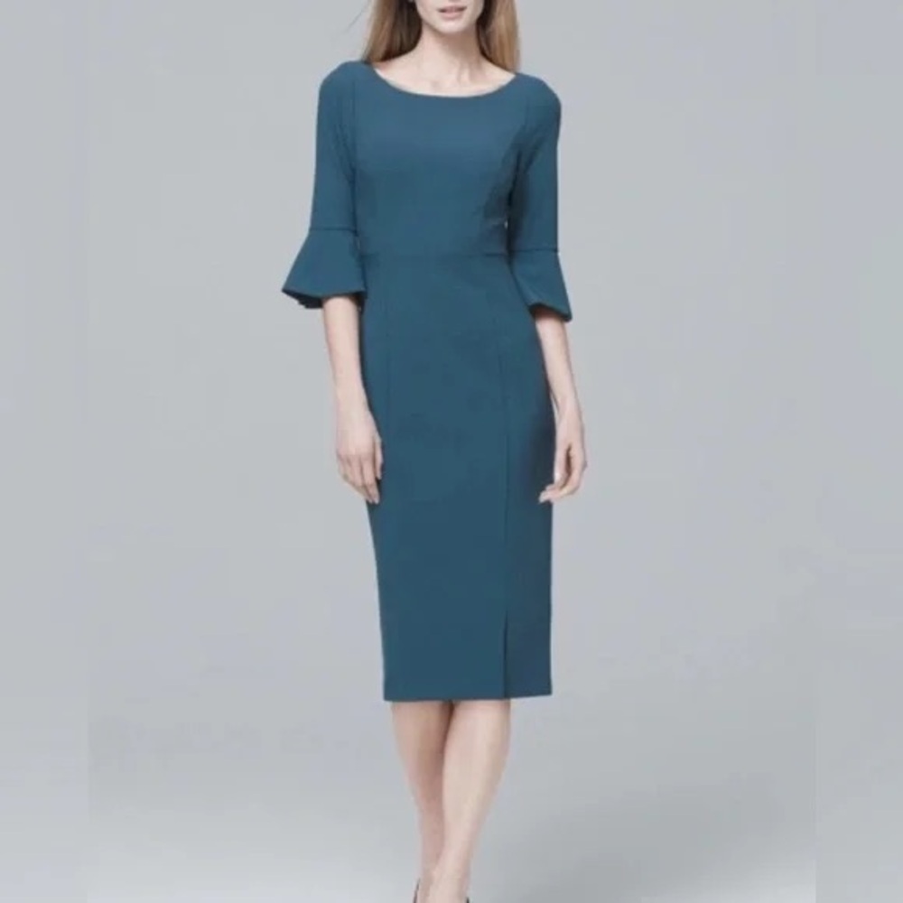 White House Black Market Blue Bell Sleeve Sheath Business Casual Midi Dress